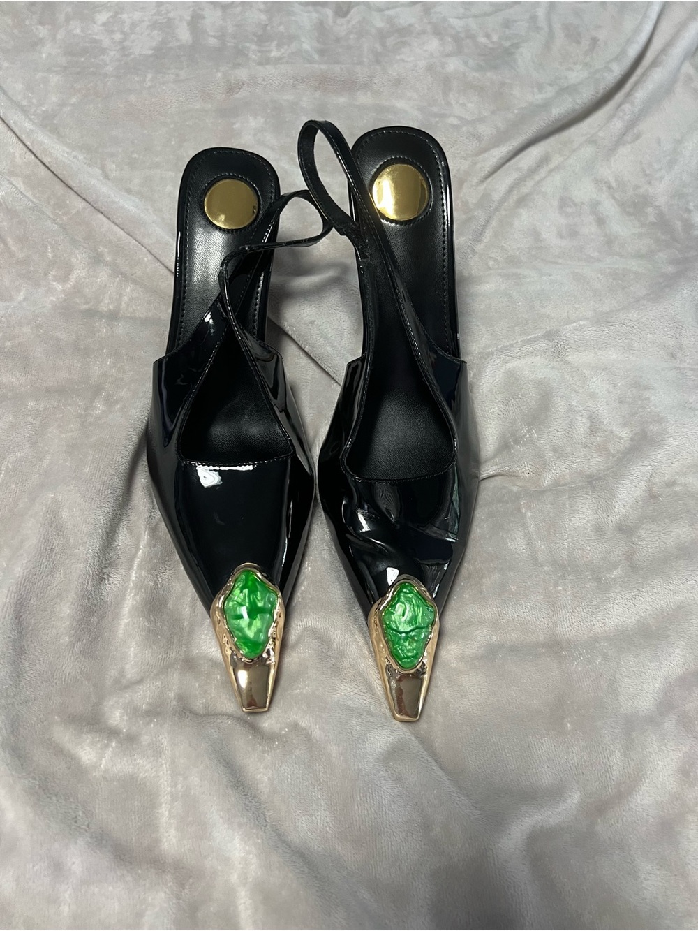 Black Patent Slingback Heels with Green Gem Accent